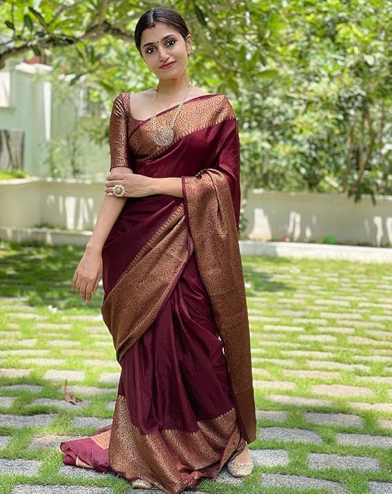 AXONIT Women's Premium Jacquard Silk Saree with Floral Brocade Border & Pallu Design with Unstitched Blouse Piece