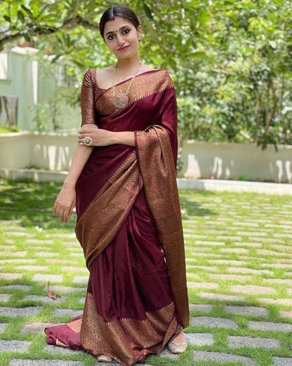 AXONIT Women's Premium Jacquard Silk Saree with Floral Brocade Border & Pallu Design with Unstitched Blouse Piece