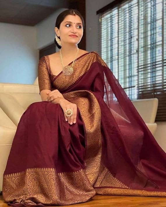 AXONIT Women's Premium Jacquard Silk Saree with Floral Brocade Border & Pallu Design with Unstitched Blouse Piece