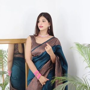 AXONIT Women's Premium Jacquard Silk Saree with Floral Brocade Border & Pallu Design with Unstitched Blouse Piece