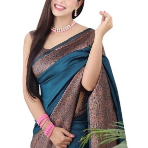 AXONIT Women's Premium Jacquard Silk Saree with Floral Brocade Border & Pallu Design with Unstitched Blouse Piece