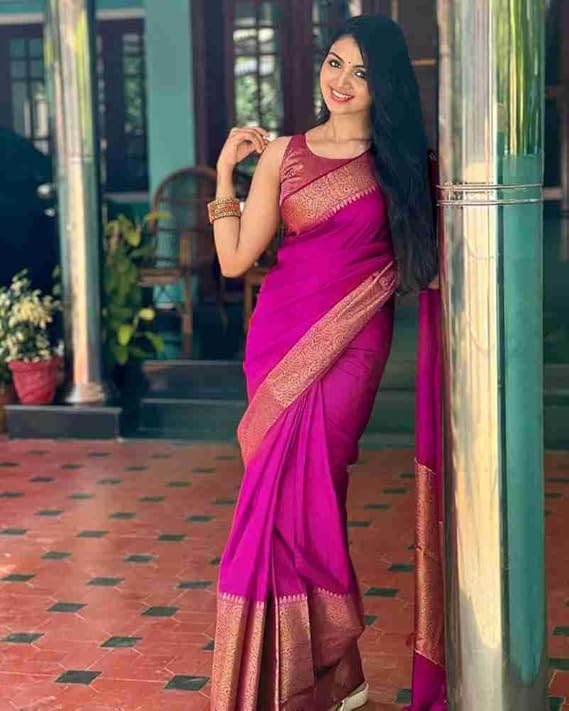 AXONIT Women's Premium Jacquard Silk Saree with Floral Brocade Border & Pallu Design with Unstitched Blouse Piece