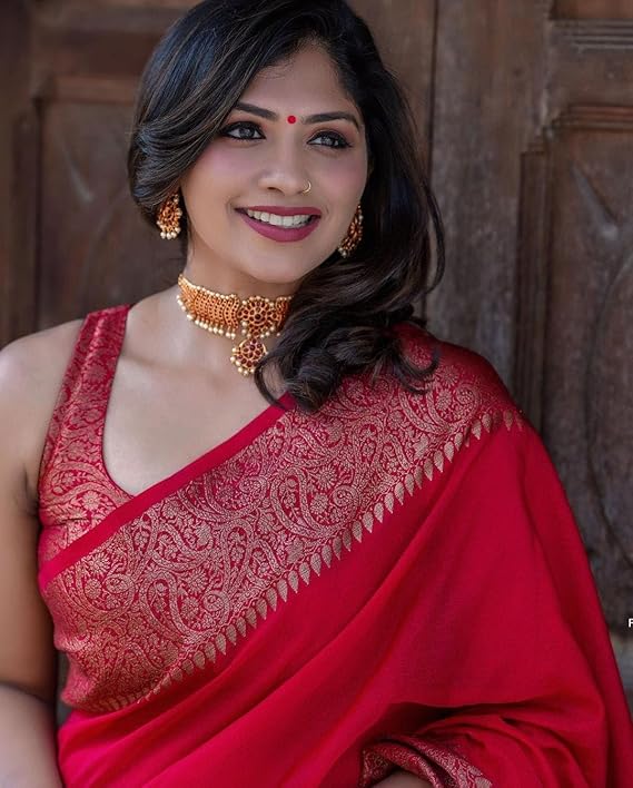 AXONIT Women's Premium Jacquard Silk Saree with Floral Brocade Border & Pallu Design with Unstitched Blouse Piece