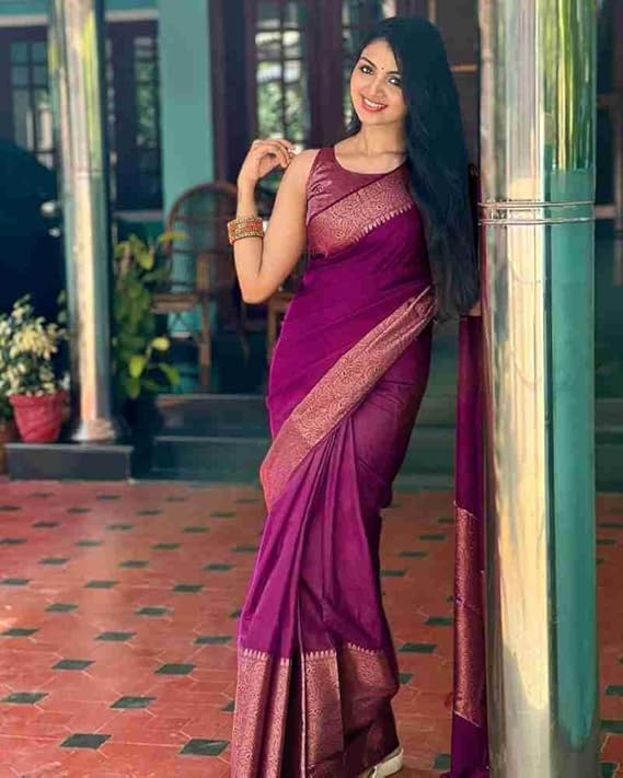 AXONIT Women's Premium Jacquard Silk Saree with Floral Brocade Border & Pallu Design with Unstitched Blouse Piece