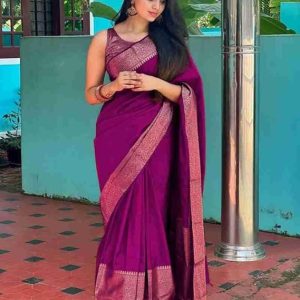 AXONIT Women's Premium Jacquard Silk Saree with Floral Brocade Border & Pallu Design with Unstitched Blouse Piece