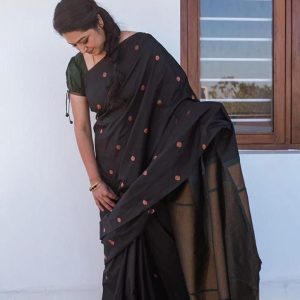 AXONIT Women's Soft Jacquard Heritage Silk Saree with Golden Zari Buti Work with Unstitched Blouse Piece - Bottle Green-Maroon
