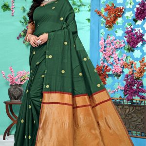 AXONIT Women's Soft Jacquard Heritage Silk Saree with Golden Zari Buti Work with Unstitched Blouse Piece - Bottle Green-Maroon
