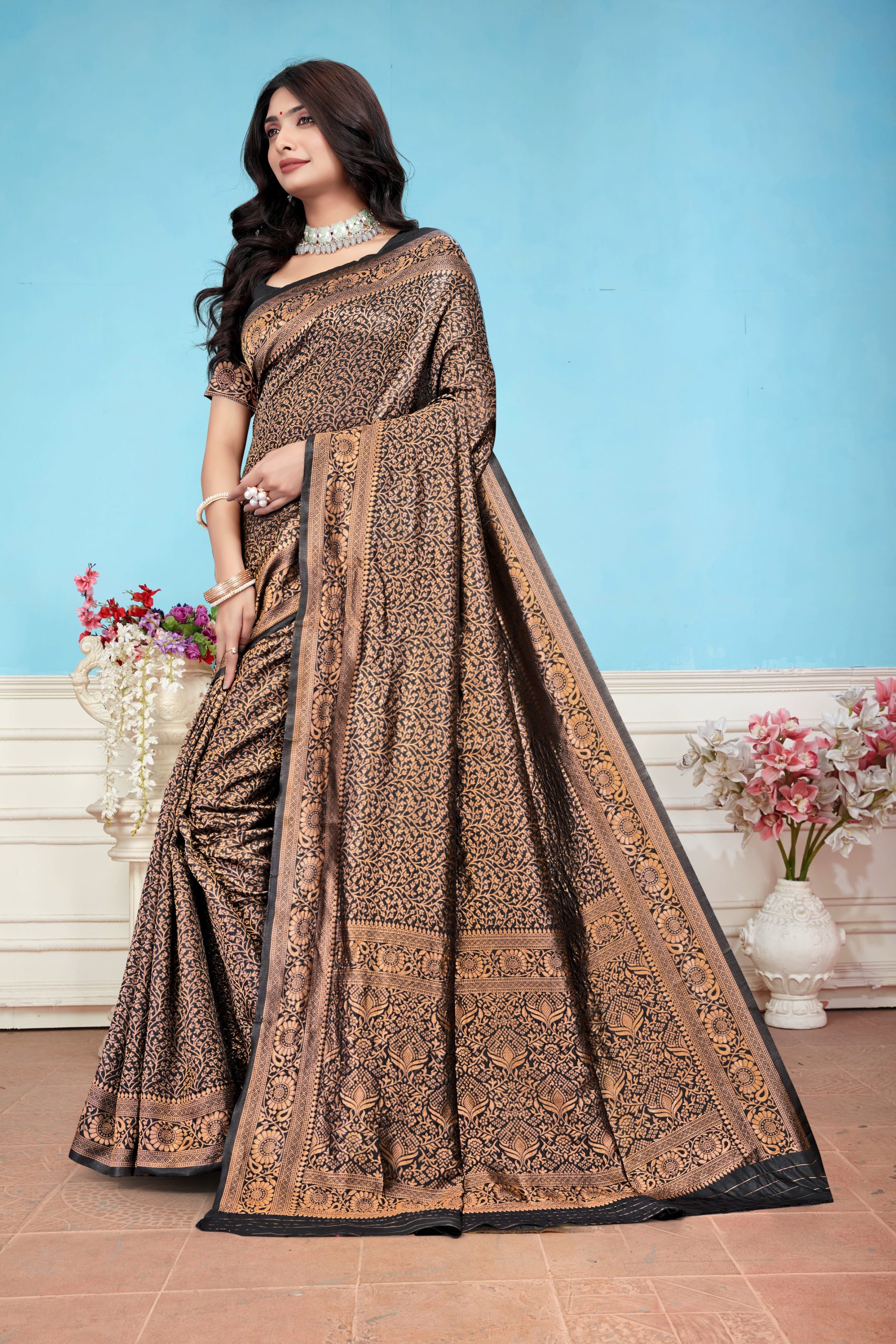 AXONIT Women's Premium Banarasi Silk Saree with Floral & Traditional Patterns & Heavy Golden Zari Border with Unstitched Blouse Piece - Black