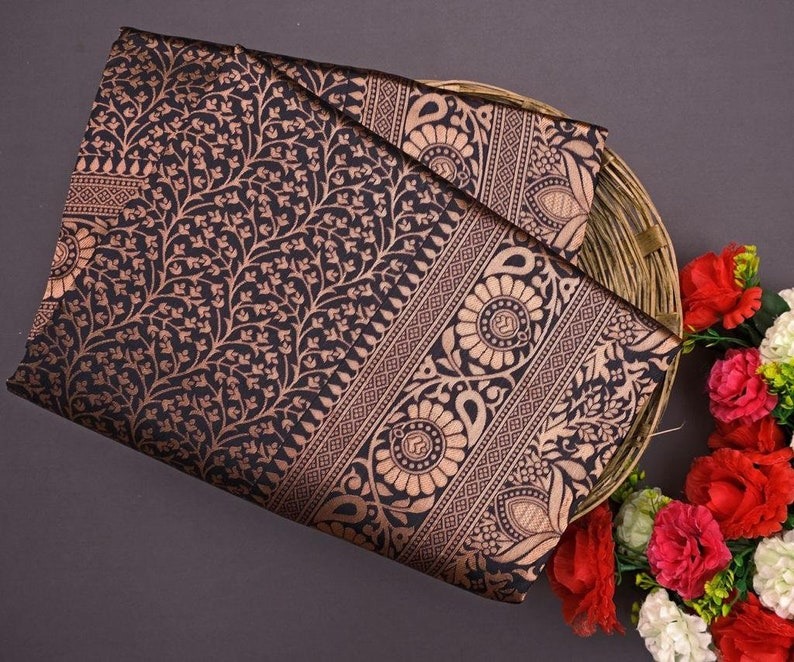 AXONIT Women's Premium Banarasi Silk Saree with Floral & Traditional Patterns & Heavy Golden Zari Border with Unstitched Blouse Piece - Black