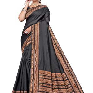 AXONIT Women's Premium Banarasi Silk Saree with Copper Zari Weaving with Traditional Motifs & Copper Zari Border with Unstitched Blouse Piece - Black