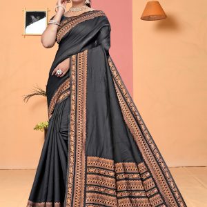 AXONIT Women's Premium Banarasi Silk Saree with Copper Zari Weaving with Traditional Motifs & Copper Zari Border with Unstitched Blouse Piece - Black