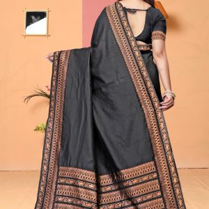 AXONIT Women's Premium Banarasi Silk Saree with Copper Zari Weaving with Traditional Motifs & Copper Zari Border with Unstitched Blouse Piece - Black
