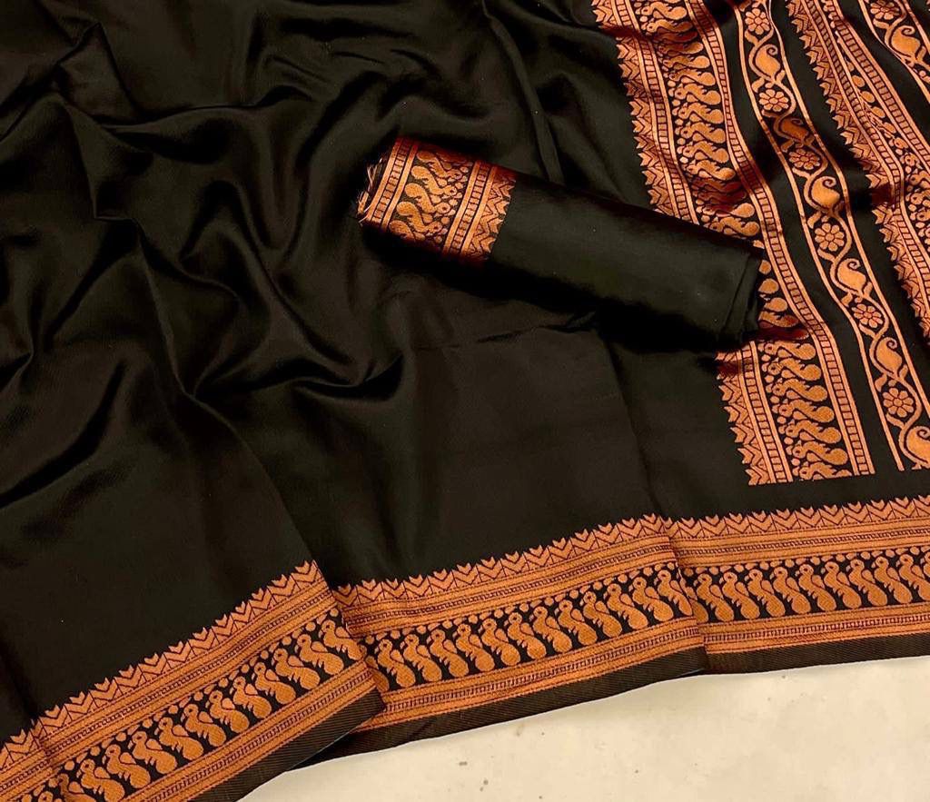 AXONIT Women's Premium Banarasi Silk Saree with Copper Zari Weaving with Traditional Motifs & Copper Zari Border with Unstitched Blouse Piece - Black