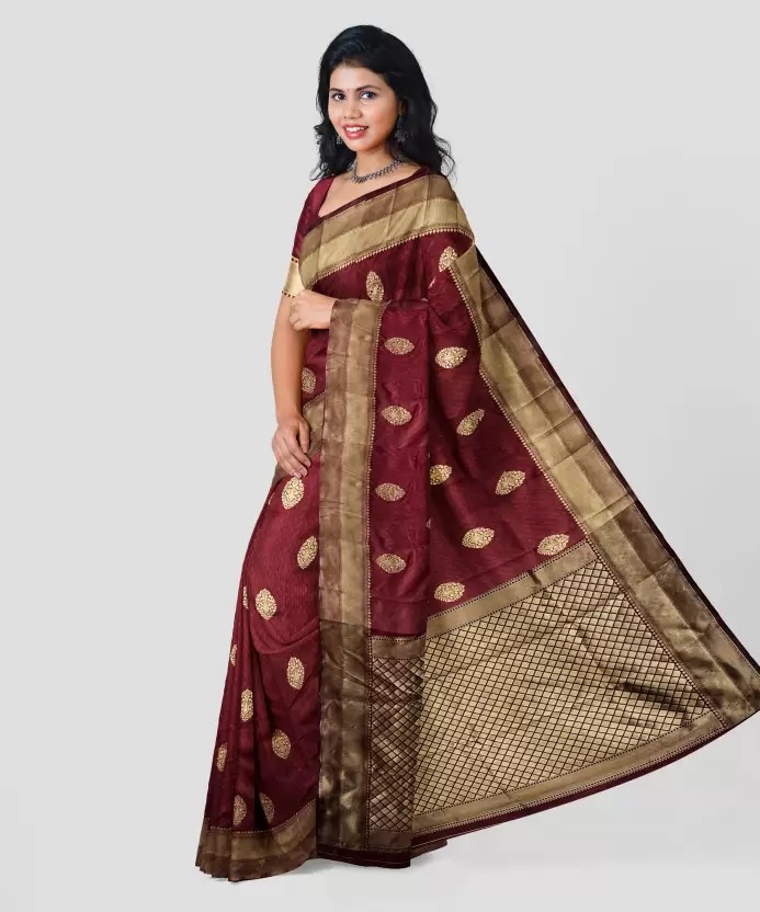 AXONIT Women's Premium Banarasi Silk Saree with Copper Zari Weaving with Traditional Motifs & Golden Zari Border with Unstitched Blouse Piece - Maroon