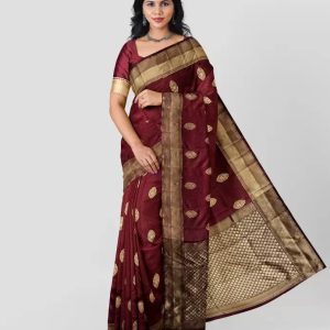 AXONIT Women's Premium Banarasi Silk Saree with Copper Zari Weaving with Traditional Motifs & Golden Zari Border with Unstitched Blouse Piece - Maroon