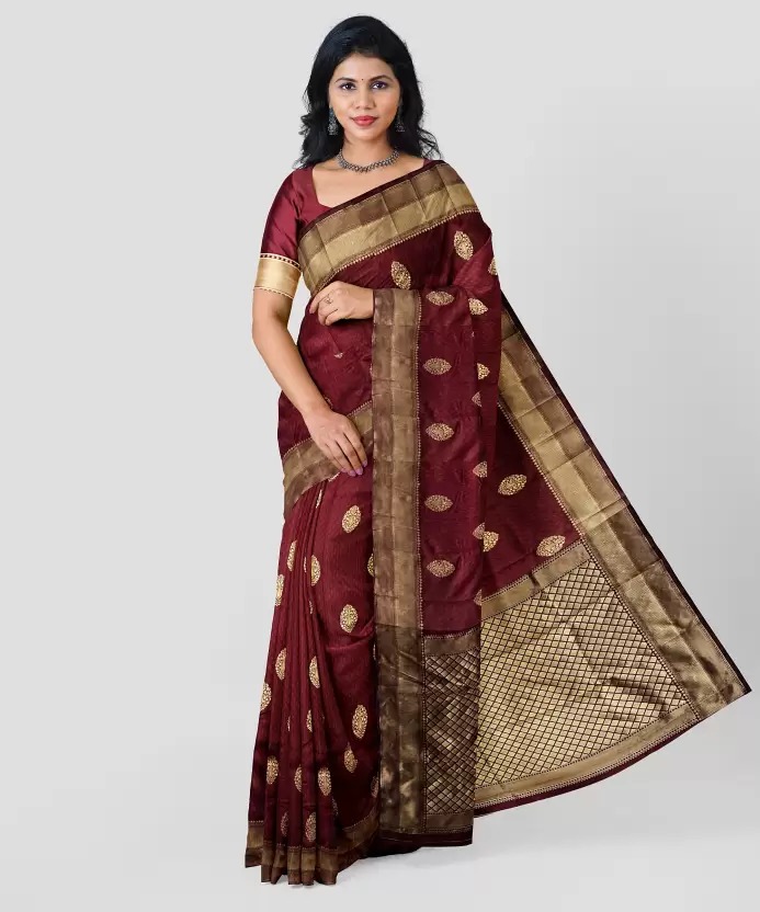 AXONIT Women's Premium Banarasi Silk Saree with Copper Zari Weaving with Traditional Motifs & Golden Zari Border with Unstitched Blouse Piece - Maroon