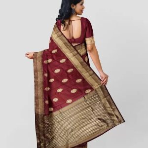 AXONIT Women's Premium Banarasi Silk Saree with Copper Zari Weaving with Traditional Motifs & Golden Zari Border with Unstitched Blouse Piece - Maroon