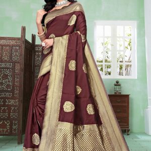 AXONIT Women's Premium Banarasi Silk Saree with Copper Zari Weaving with Traditional Motifs & Golden Zari Border with Unstitched Blouse Piece - Maroon