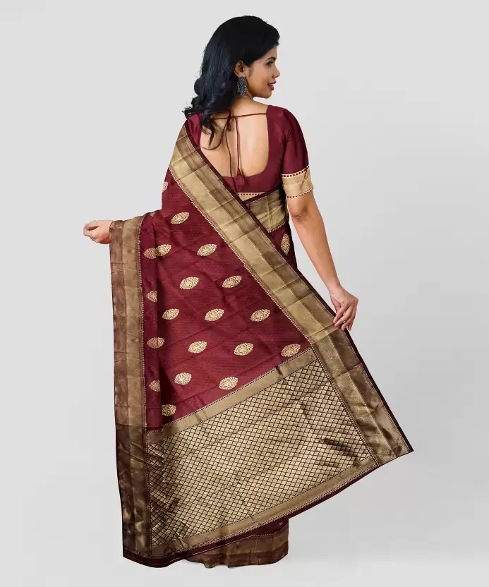 AXONIT Women's Premium Banarasi Silk Saree with Copper Zari Weaving with Traditional Motifs & Golden Zari Border with Unstitched Blouse Piece - Maroon
