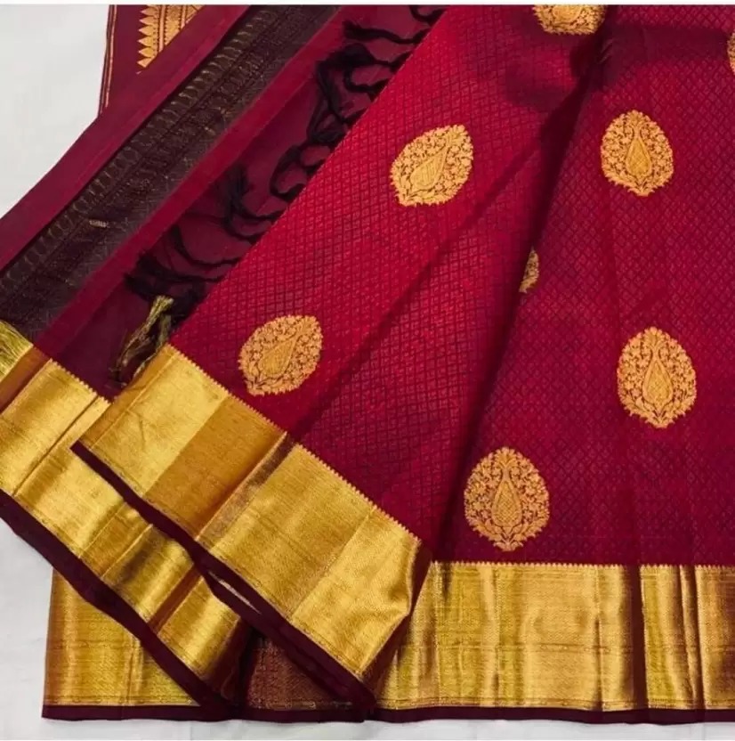 AXONIT Women's Premium Banarasi Silk Saree with Copper Zari Weaving with Traditional Motifs & Golden Zari Border with Unstitched Blouse Piece - Maroon
