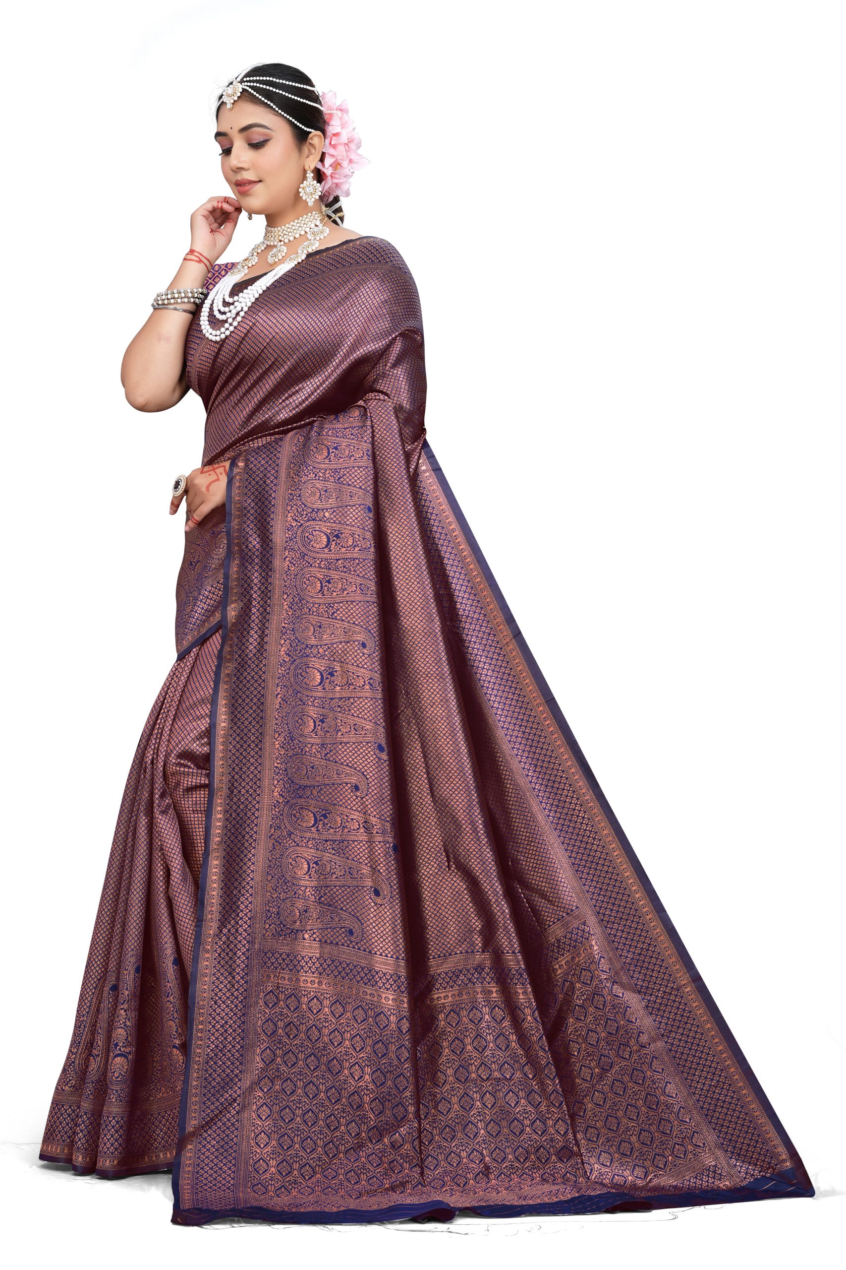 AXONIT Women's Premium Banarasi Silk Saree with Golden & Copper Zari Weaving with Paisley Patterns & Zari Border with Unstitched Blouse Piece - Navy Blue