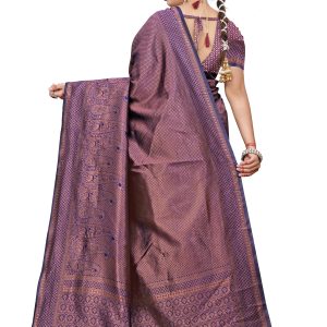 AXONIT Women's Premium Banarasi Silk Saree with Golden & Copper Zari Weaving with Paisley Patterns & Zari Border with Unstitched Blouse Piece - Navy Blue