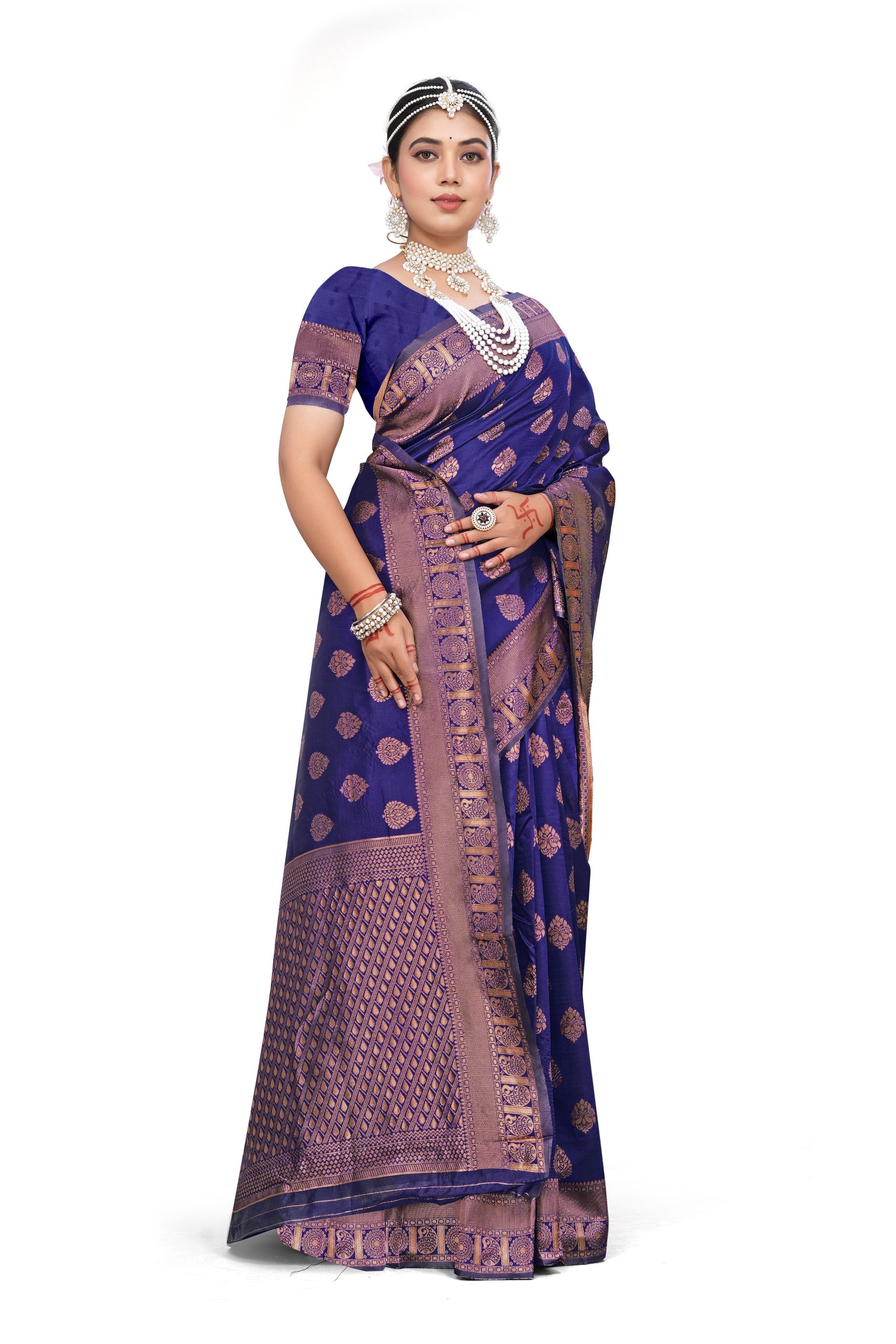 AXONIT Women's Premium Banarasi Silk Saree with Golden Zari Weaving with Butti Design & Golden Zari Border with Unstitched Blouse Piece - Navy Blue