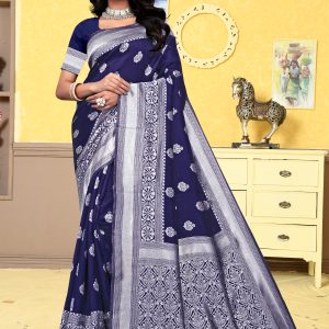 AXONIT Women's Premium Banarasi Silk Saree with Silver Zari Butti Weaving with Silver Zari Floral Motifs Border with Unstitched Blouse Piece - Navy Blue