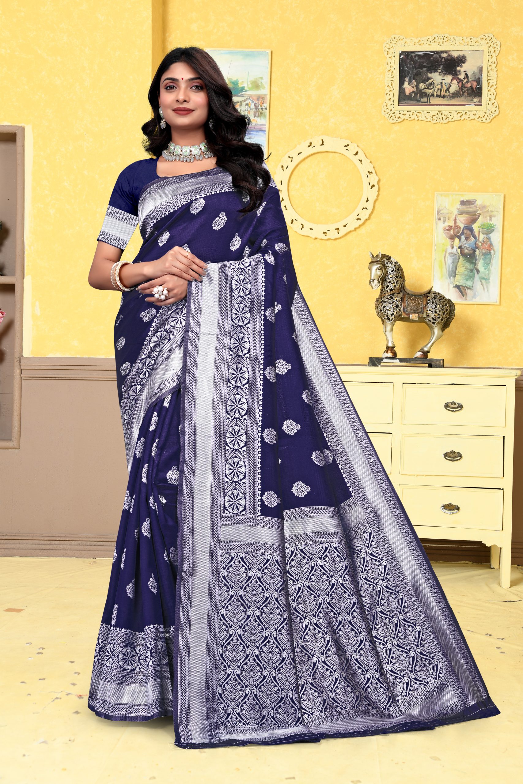 AXONIT Women's Premium Banarasi Silk Saree with Silver Zari Butti Weaving with Silver Zari Floral Motifs Border with Unstitched Blouse Piece - Navy Blue