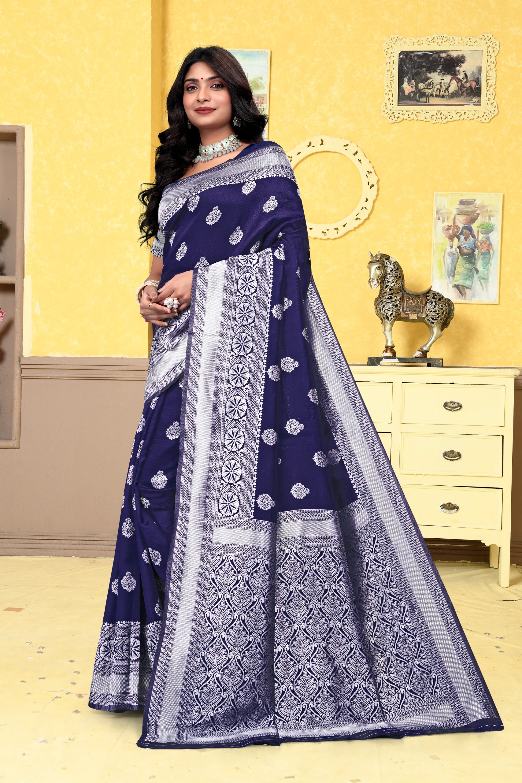 AXONIT Women's Premium Banarasi Silk Saree with Silver Zari Butti Weaving with Silver Zari Floral Motifs Border with Unstitched Blouse Piece - Navy Blue