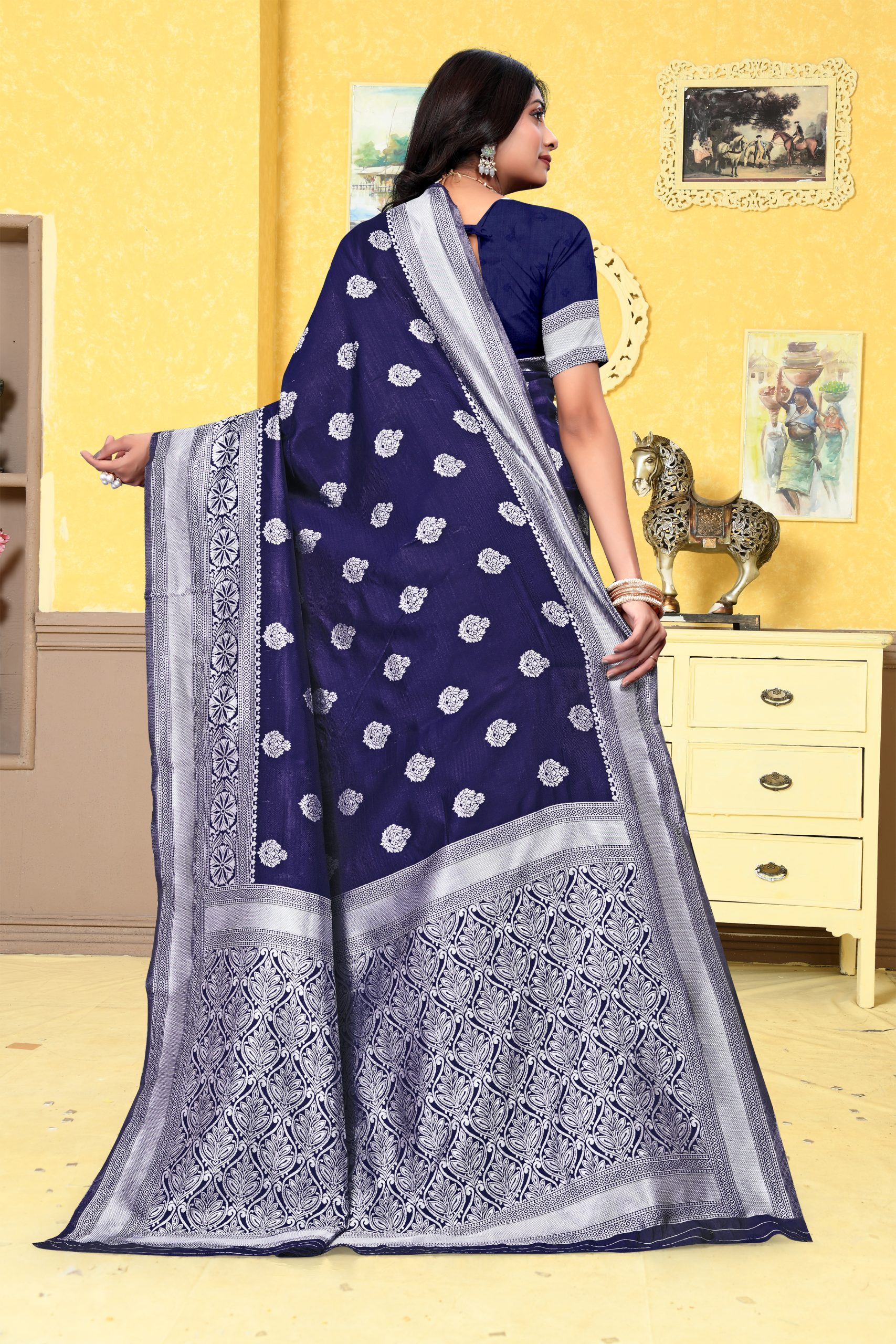 AXONIT Women's Premium Banarasi Silk Saree with Silver Zari Butti Weaving with Silver Zari Floral Motifs Border with Unstitched Blouse Piece - Navy Blue