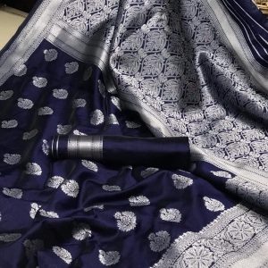 AXONIT Women's Premium Banarasi Silk Saree with Silver Zari Butti Weaving with Silver Zari Floral Motifs Border with Unstitched Blouse Piece - Navy Blue