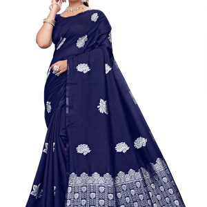 AXONIT Women's Premium Banarasi Silk Saree with Silver Paisley & Floral Patterns Weaving with Silver Zari Border with Unstitched Blouse Piece - Navy Blue