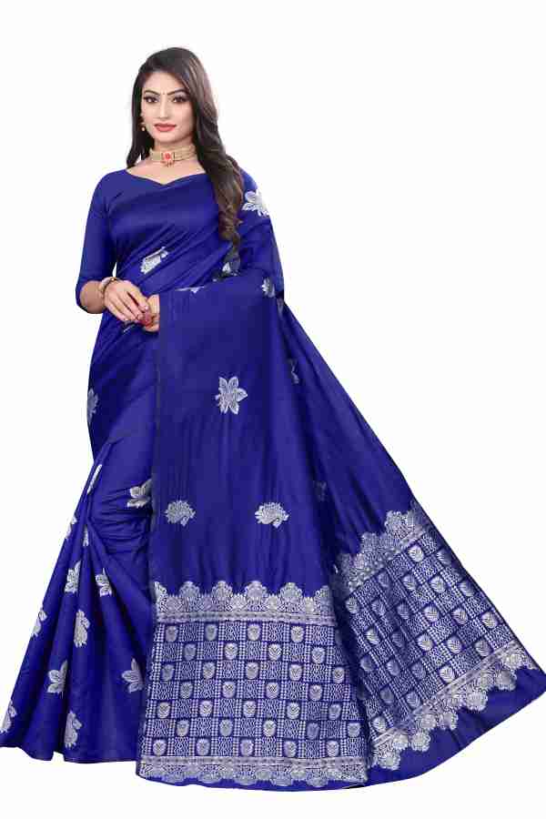 AXONIT Women's Premium Banarasi Silk Saree with Silver Paisley & Floral Patterns Weaving with Silver Zari Border with Unstitched Blouse Piece - Navy Blue
