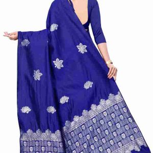 AXONIT Women's Premium Banarasi Silk Saree with Silver Paisley & Floral Patterns Weaving with Silver Zari Border with Unstitched Blouse Piece - Navy Blue