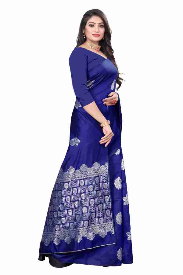 AXONIT Women's Premium Banarasi Silk Saree with Silver Paisley & Floral Patterns Weaving with Silver Zari Border with Unstitched Blouse Piece - Navy Blue