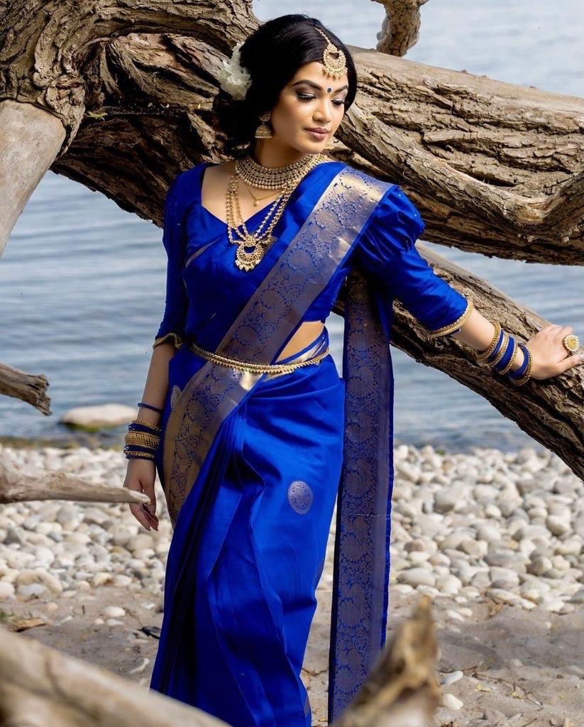 AXONIT Women's Premium Banarasi Silk Saree with Silver Zari Circular Butti Motifs with Silver Zari Border with Unstitched Blouse Piece - Navy Blue
