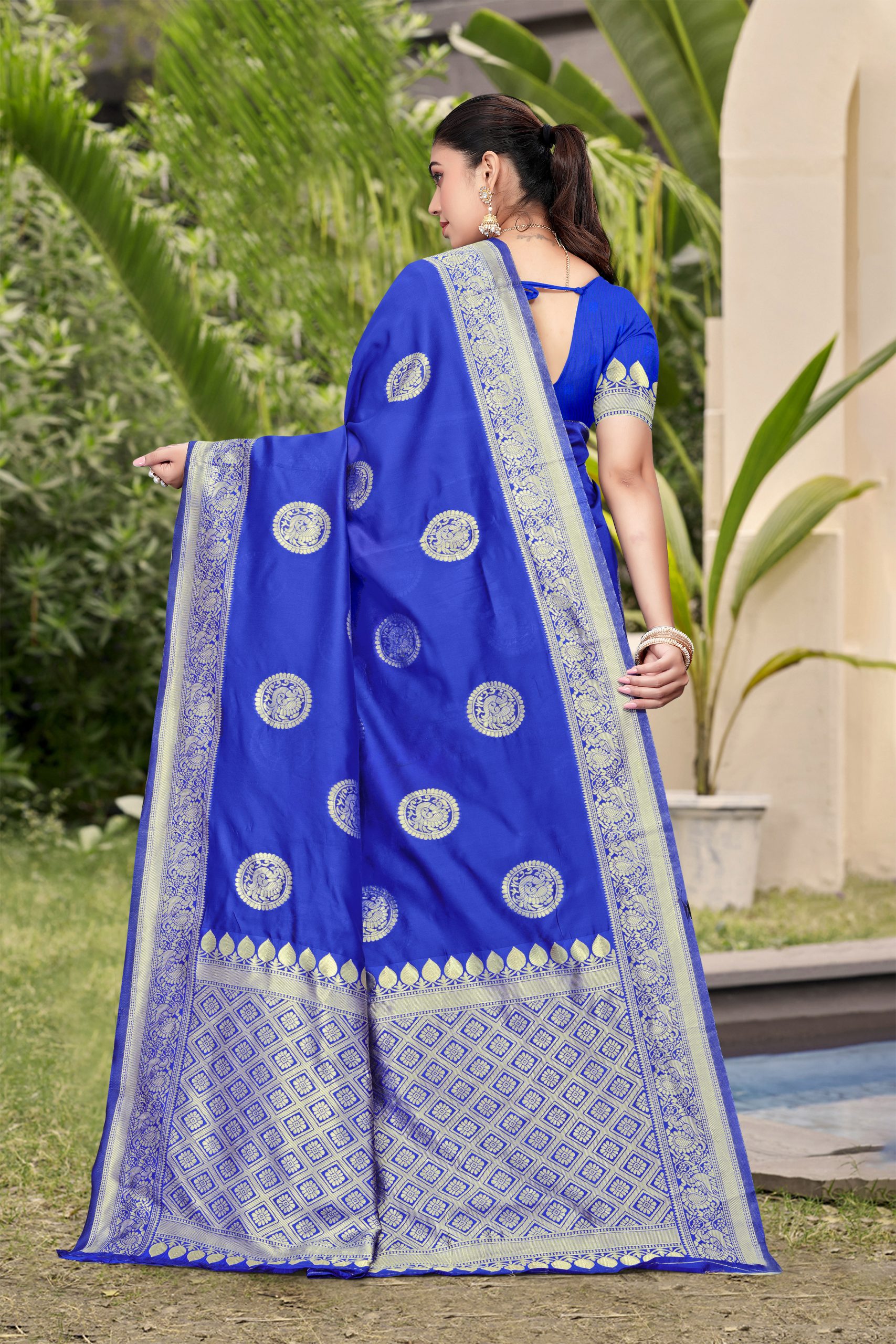 AXONIT Women's Premium Banarasi Silk Saree with Silver Zari Circular Butti Motifs with Silver Zari Border with Unstitched Blouse Piece - Navy Blue