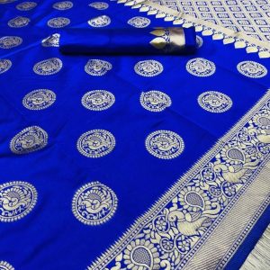 AXONIT Women's Premium Banarasi Silk Saree with Silver Zari Circular Butti Motifs with Silver Zari Border with Unstitched Blouse Piece - Navy Blue