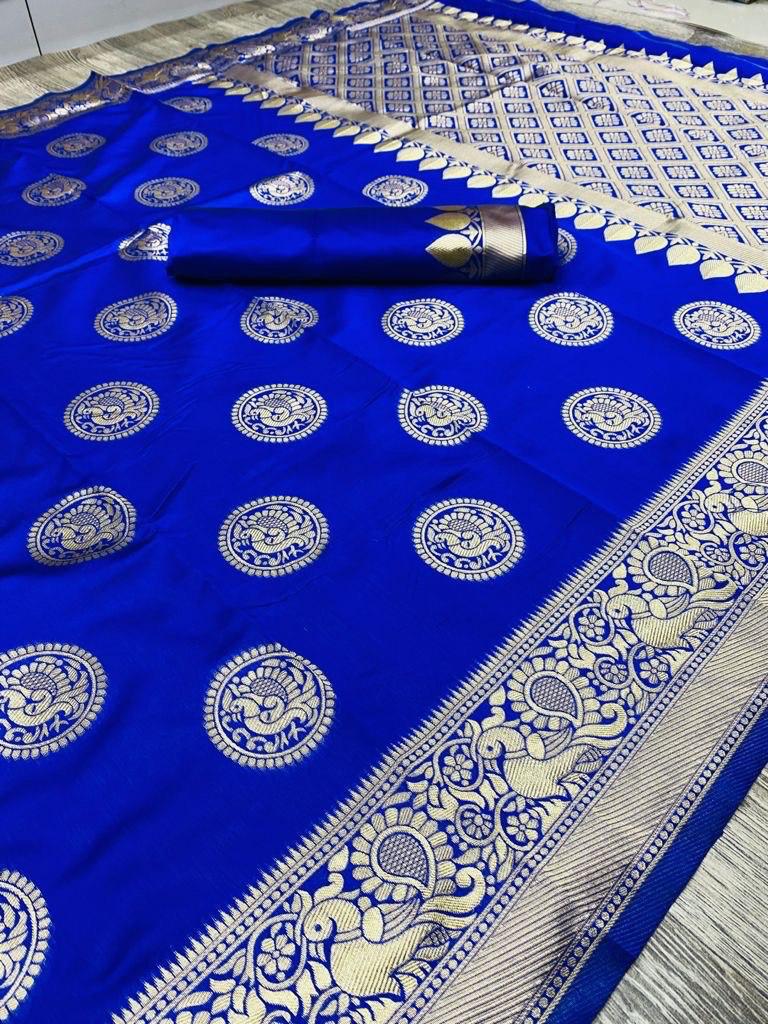 AXONIT Women's Premium Banarasi Silk Saree with Silver Zari Circular Butti Motifs with Silver Zari Border with Unstitched Blouse Piece - Navy Blue
