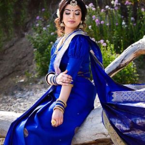 AXONIT Women's Premium Banarasi Silk Saree with Silver Zari Circular Butti Motifs with Silver Zari Border with Unstitched Blouse Piece - Navy Blue