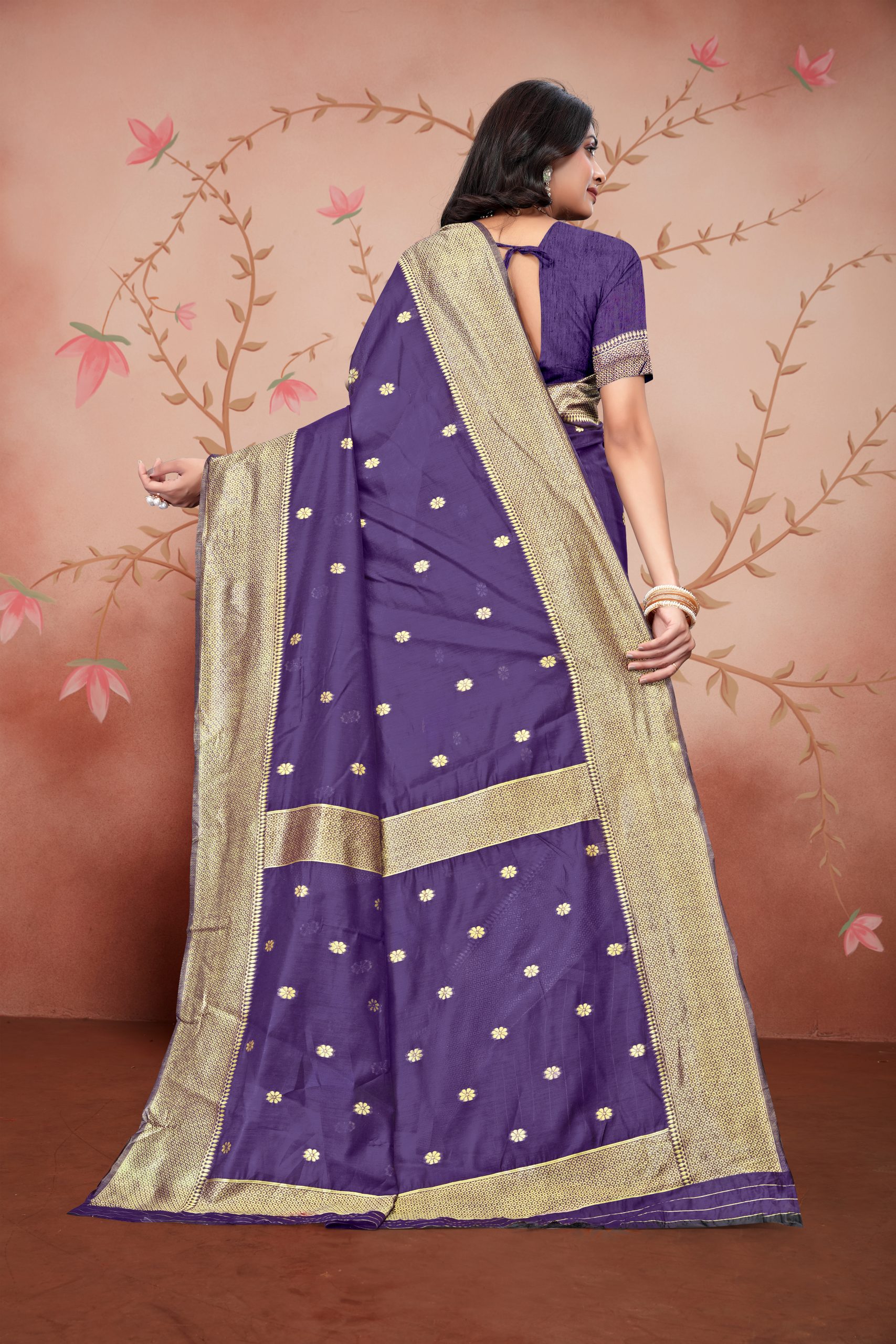 AXONIT Women's Premium Cotton Saree with Golden Zari Butti Weaving with Golden Zari Border with Unstitched Blouse Piece - Plum