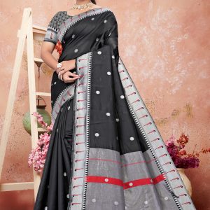 AXONIT Women's Premium Cotton Saree with Silver Zari Butti Weaving with Contrast Red Border with Unstitched Blouse Piece - Black