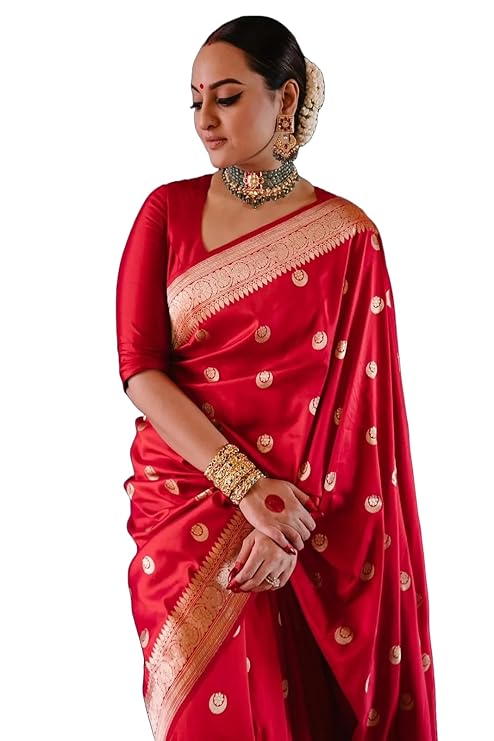 AXONIT Women's Premium Soft Silk Saree with Golden Zari Weaving with Butti Motifs & Zari Floral Pattern Border with Unstitched Blouse Piece - Red