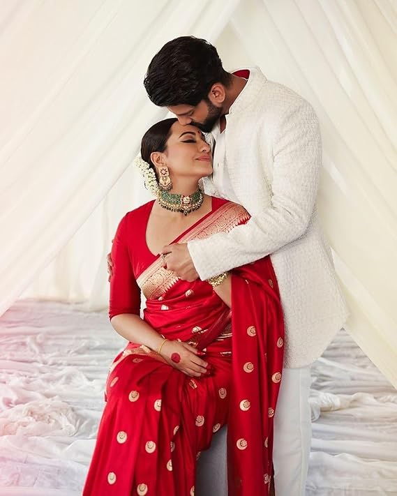 AXONIT Women's Premium Soft Silk Saree with Golden Zari Weaving with Butti Motifs & Zari Floral Pattern Border with Unstitched Blouse Piece - Red