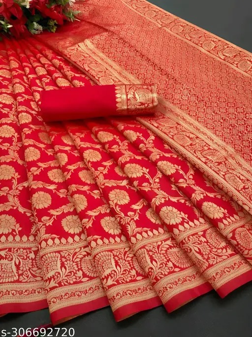 AXONIT Women's Premium Soft Silk Saree with Full Golden Zari Floral Weaving & Zari Border with Unstitched Blouse Piece - Red
