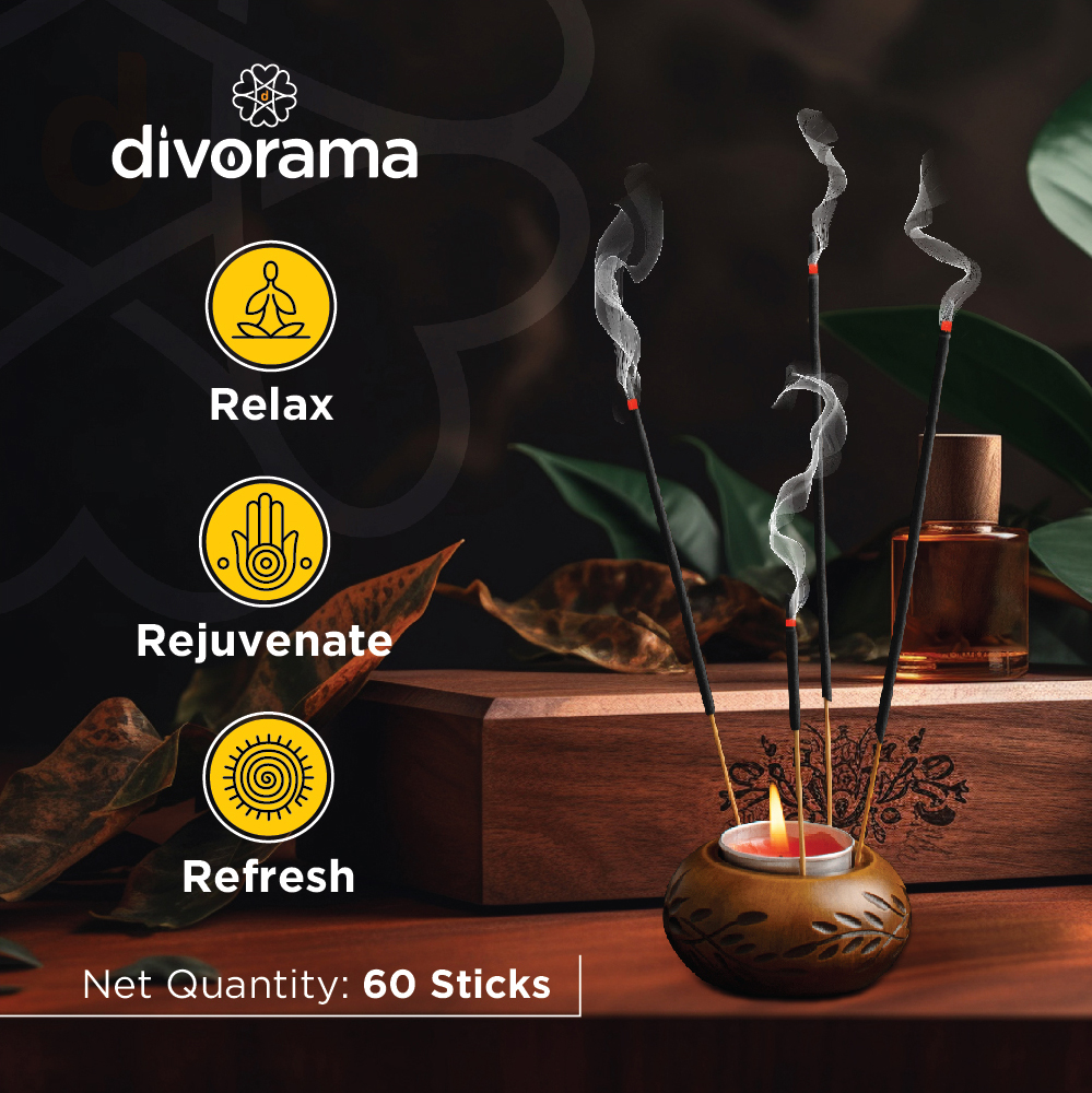 DivoRama Luxury Oudh Incense Sticks Agarbatti - 100% Indian Natural Aroma - Long Lasting Oudh Agarbattis for Puja, Meditation, Happy Vibes - 60 Sticks