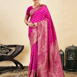 AXONIT Women's Silk Blend Banarasi Jacquard Classic Motif Design Saree with Unstitched Blouse Piece - Pink